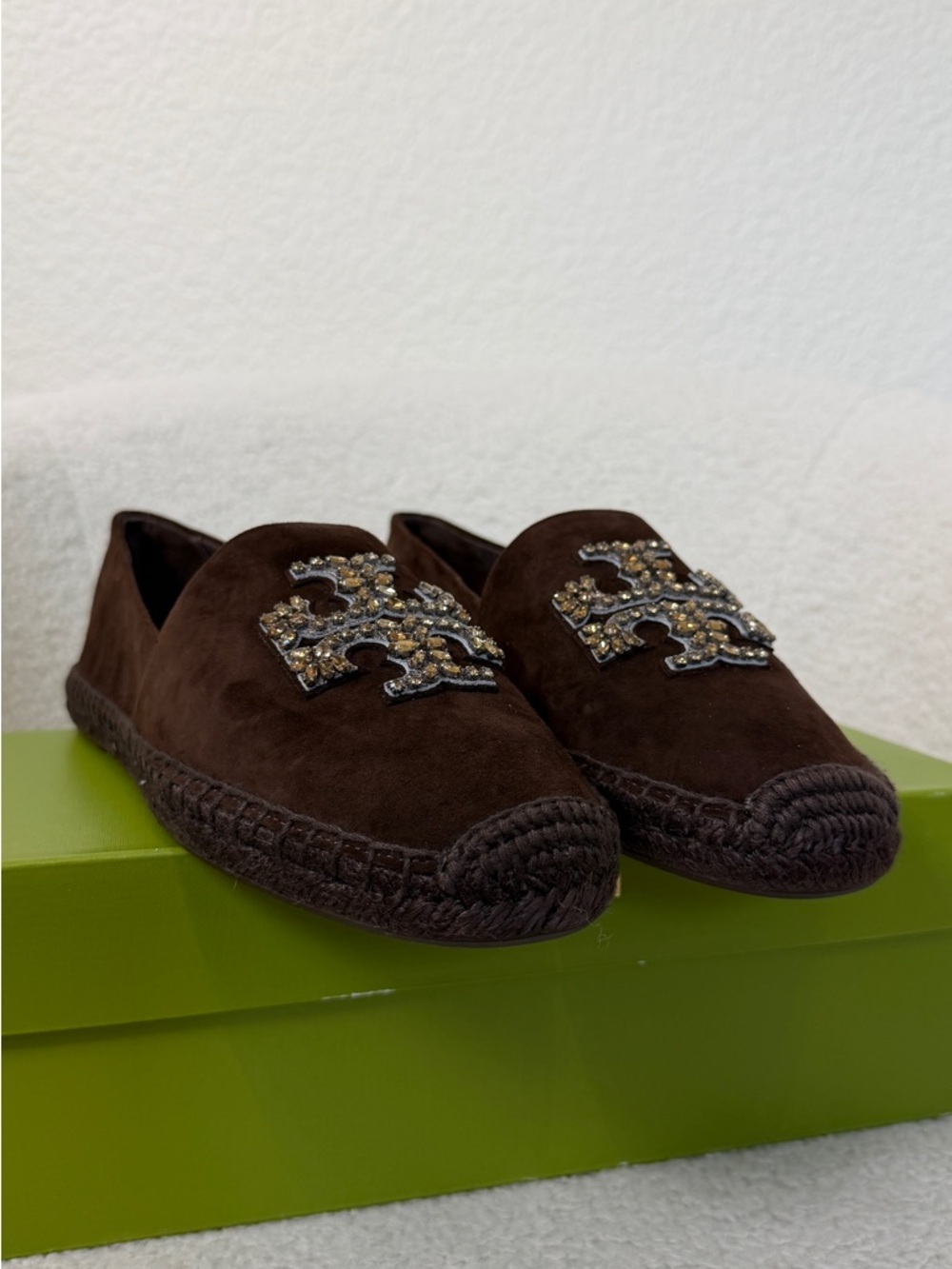 SALE ENDS 5/25Tory Burch Dark Brown Suede Espadrilles with Jeweled Logo 8.5
